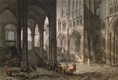 Merchant selling wine inside the basilica of Saint-Denis, 1809 by John Claude Nattes